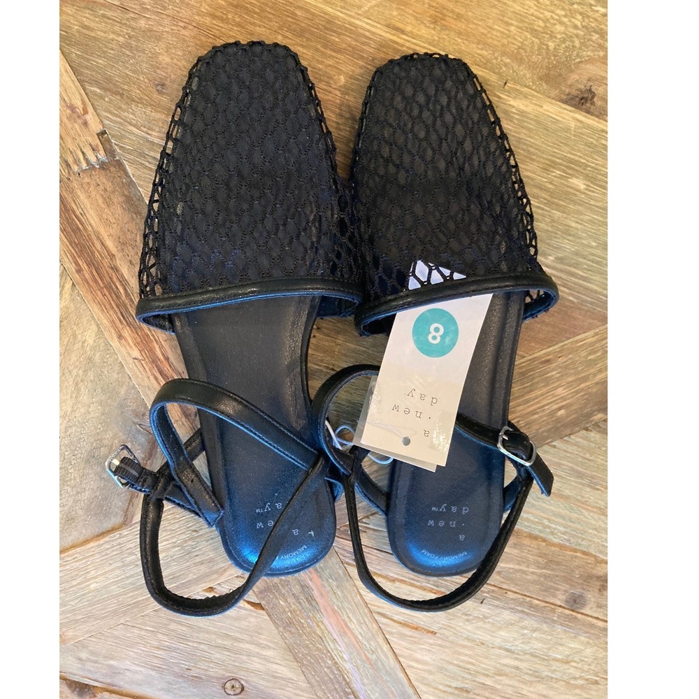 A New Day Black Vanna Mesh Ankle Strap Flats 8.5 New Memory Foam Resortwear